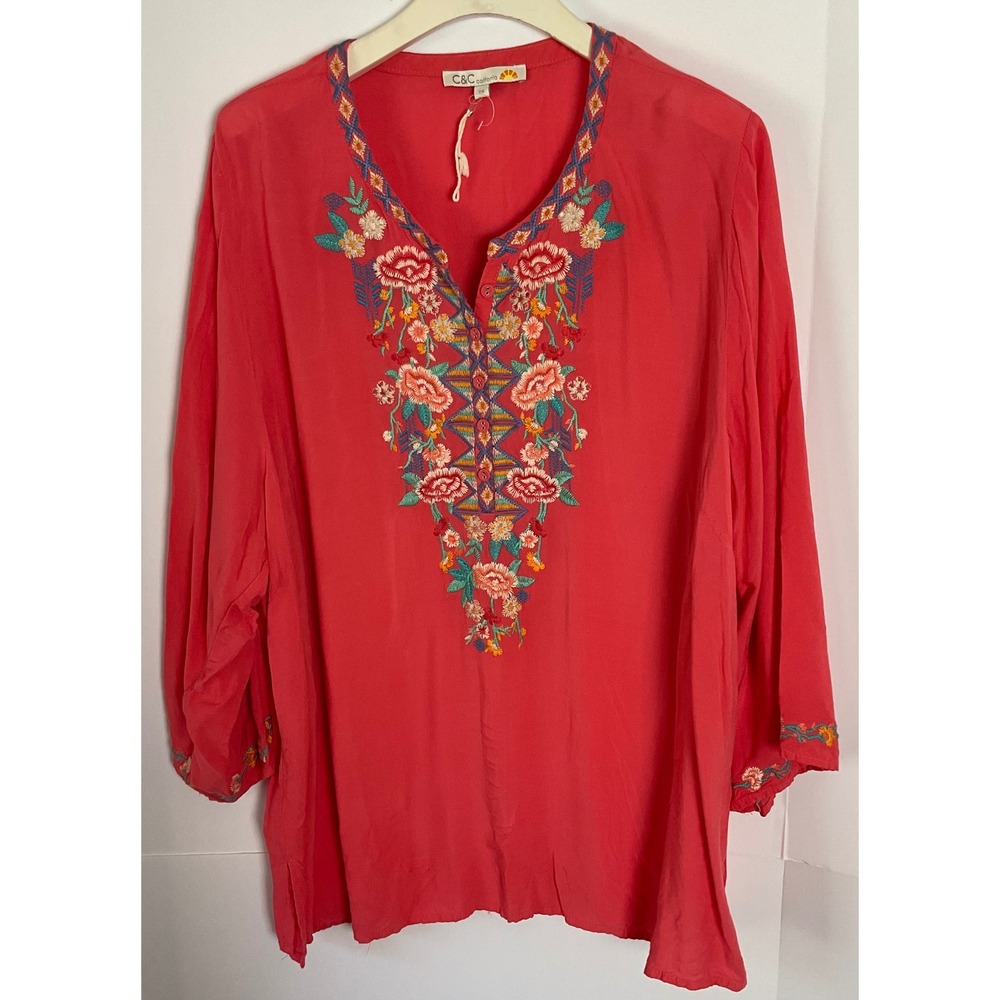 C&C California Womens 2X Coral Pink Embroidered Boho Peasant Blouse 3/4 Sleeve